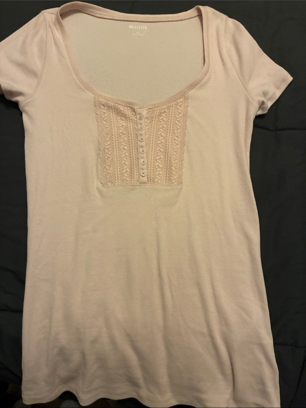 Hollister Pale Pink Short Sleeve Scoop Neck Tee with Lace Button Placket